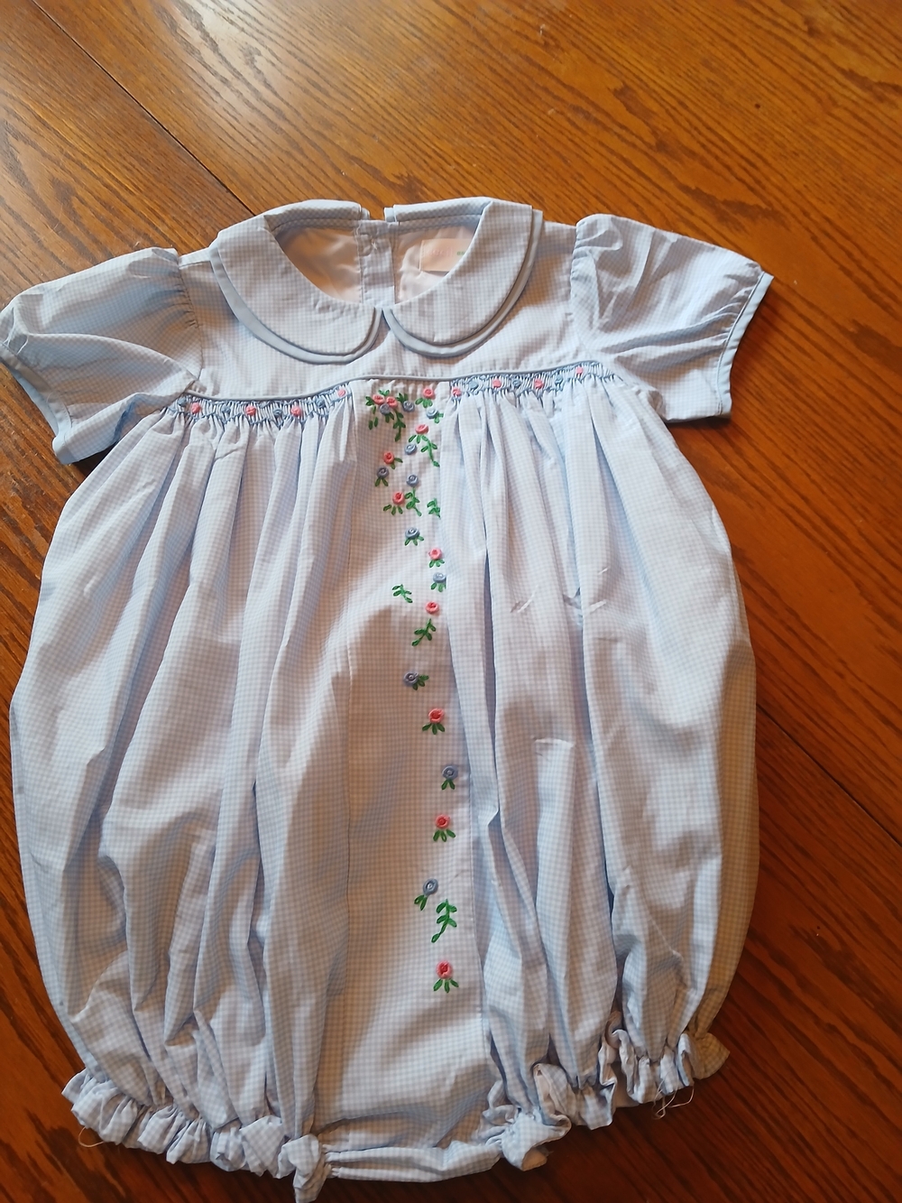 Light Blue Smocked Bubble Romper with Floral Embroidery Size 3T